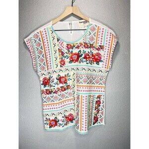 Savanna Jane Full Embroidered Front White Boho Top Size Small